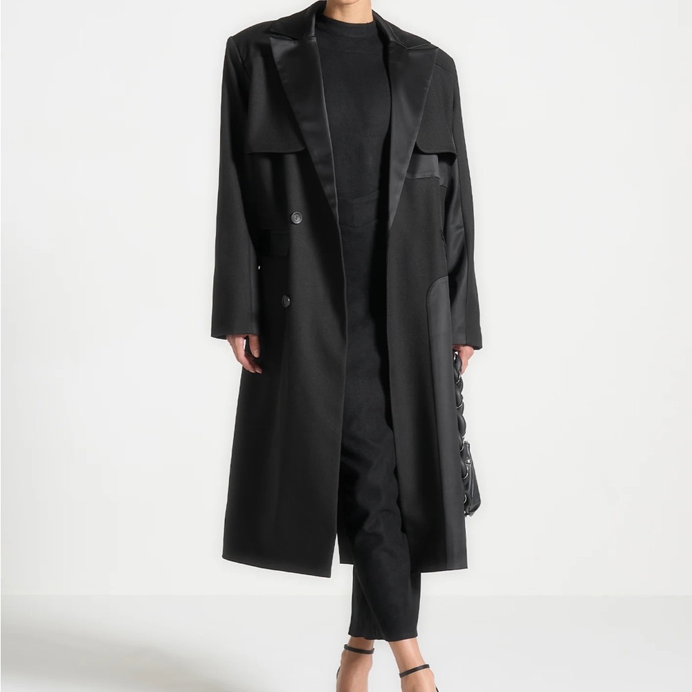 Brand New Maniere De Voir Black Tailored Satin Trench Coat, Size 6